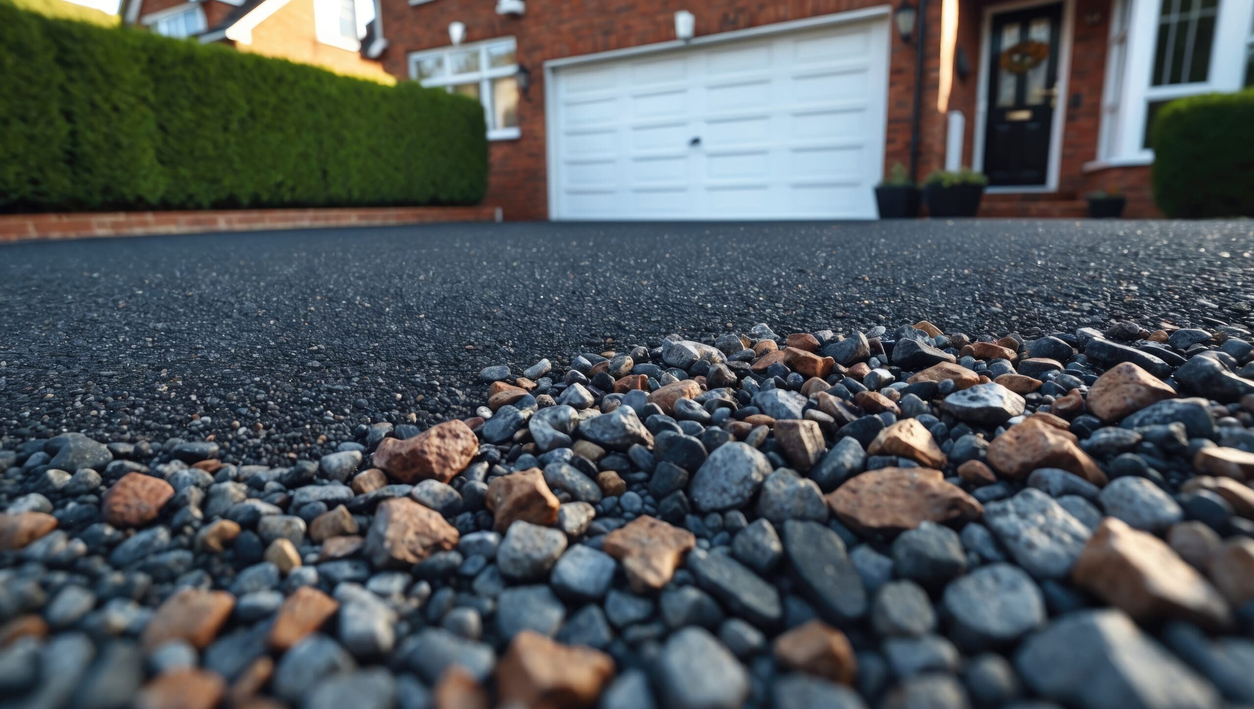Close-up of small rocks and gravel on a driveway leading to a white garage door of a brick house, with green bushes along one side. The sharply focused stones highlight potential for patio laying or expert landscaper services.